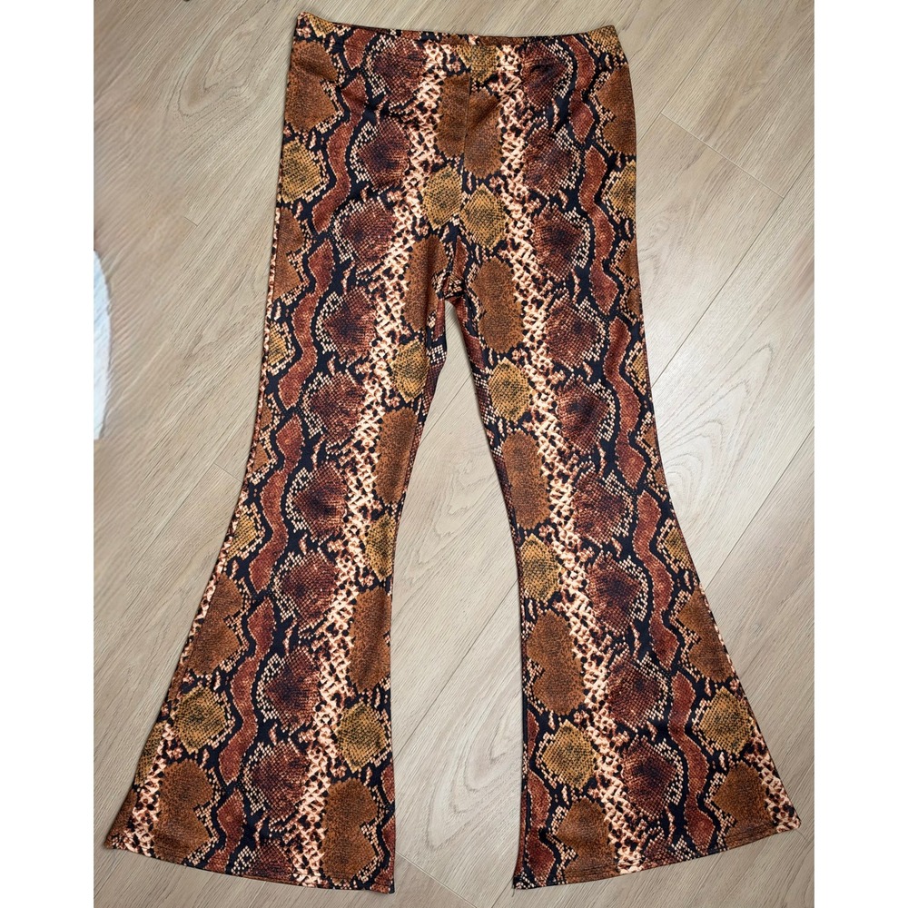 High Waisted Snakeskin Print Flare Bell Bottom Legging Pants